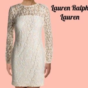 Ralph Lauren Ivory Floral Lace Overlay Shift Long Sleeve Dress. 12